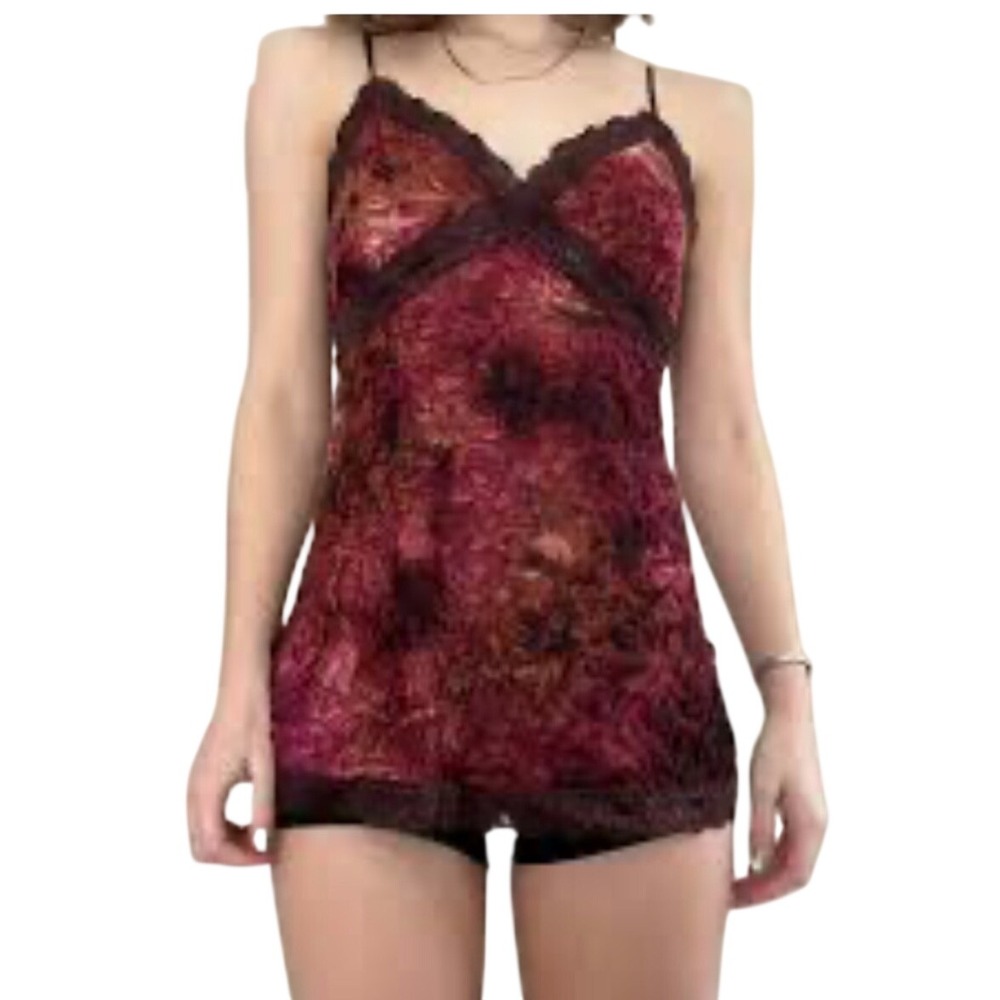 Meghan Noland Camisole Women Large Burgundy Floral Lace Burnout Velvet Y2K